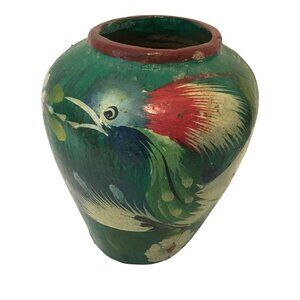 TONALA Signed Grabber Vase Bird of Paradise Mexican Pottery Hand Painted VTG 40s